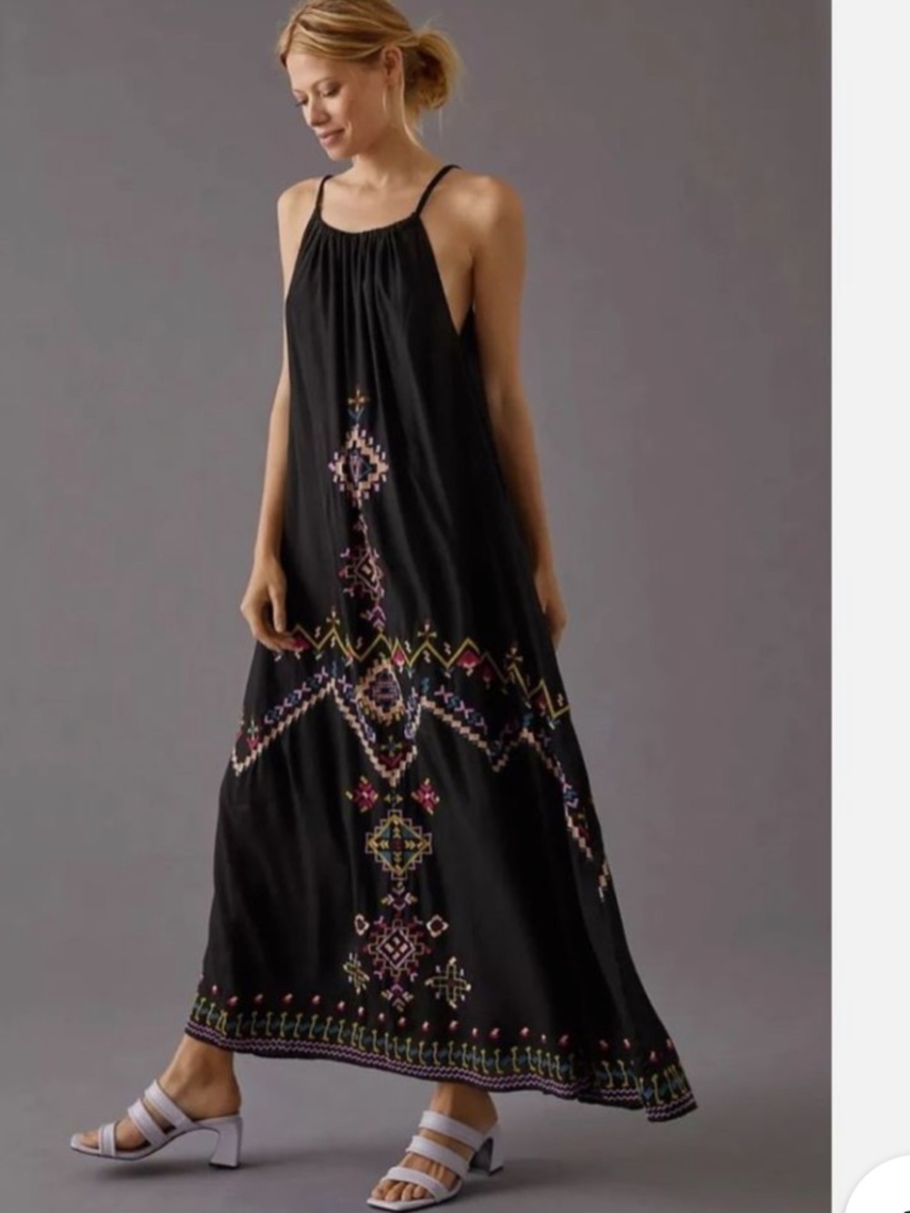 Anthropologie Black Maxi Dress with Colorful Embroidered Geometric Trim Medium
